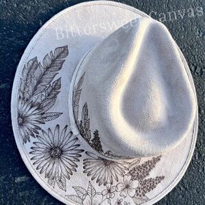 Floral burned taupe wide brim rancher hat western cowboy hat